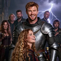 stunning portrait of ( ( ( laughing ) ) ) ( ( ( ( red - brown haired chris hemsworth ) ) ) ) as destruction from sandman looking like kristofer hivju!!, medival armour!!, by jeremy mann, by frank moth, by jeff easley, by alphonse mucha, dave mckean, thunder & lightning, soft lightning, high detailed, 8 k
