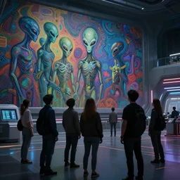 aliens standing in an intergalactic space port while viewing a large mural about humans, colorful patterns, neon lights, subtle shadows, art by tim okamura and karol bak, futuristic interior environment, cinematic, intricate, highly detailed, shallow depth of field, 8 k
