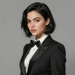 jena malone, slim cruel business girl in tuxedo with black bob hair, elegant, 2 d, ultra highly detailed, digital painting, smooth, sharp focus, artstation, art by ilya kuvshinov!