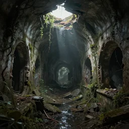 inside the old sewers in the ruined part of the city. fantasy art, light breaking through cracks in the ceiling, water, vines, ruins, abandoned spaces, dungeons and dragons. - n 9