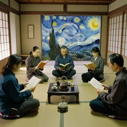 japanese style tea room, a group of people sitting drinking and reading books ， by vincent van gogh