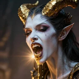 a demon woman with white skin and huge gold laced horns, her mouth is open showing sharp teeth and liquid gold falling from her mouth, moody lighting, lens flare, atmosphere, glow, detailed, intricate, full of colour, cinematic lighting, trending on artstation, 4 k, hyperrealistic, focused, extreme details, unreal engine 5, cinematic, masterpiece