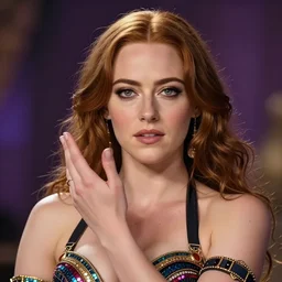 a digital portrait of emma stone dressed as a belly dancer, arabian night, high quality, fully detailed, 4 k, in focus face with fine details, realistic hand details and anatomy