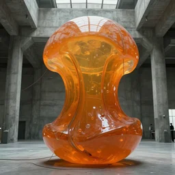 huge transparent orange jell form in style by anish kapoor, in the parts by shih chieh huang, with wires in a large concrete hangar, film still from the movie directed by denis villeneuve, close up,