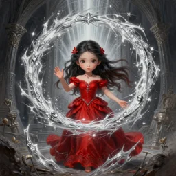 a portrait of girl sorceress in red dress, magic explosion circle, silver magic, portal background, god rays, fantasy, dungeons and dragons, an ultrafine detailed painting, chibi, detailed painting, boris valejo. octopath traveler decal!!!