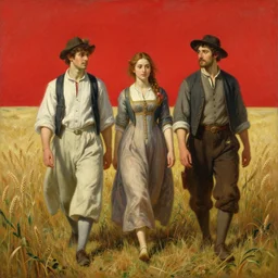 Solomon Joseph Solomon and Richard Schmid and Jeremy Lipking victorian genre painting full length portrait painting of a young cottagecore walking in an open field of wheat, red background