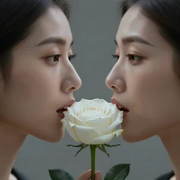 hight focus of a wonderful realistic sweet wonderful symmetrical profile portrait of a lady with a clear skin, she is eating a realistic white rose, dramatic light, cinematic, artstation, octane render 8 k s 1