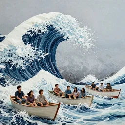 insane by walker evans. the installation art of a huge wave about to crash down on three small boats. the boats are filled with people, & they all look terrified.