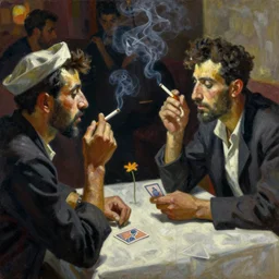 oil painting of figures in jazz club in the style of john craxton. sailors in the shadows. cretan. forearm. talking. cheekbones. looking. strong expressions on faces. smoke. holding cigarettes. playing cards. scratch. strong lighting. brush. single flower. in the style of ivon hitchins. seated figure hands on table. line drawing. high detail.