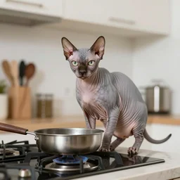 hairless cat cooking in the kitchen