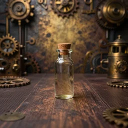 symmetrical photo of small bottle standing, steampunk background
