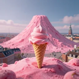 copenhagen denmark on an ice cream mountain, pink ice cream mountain in the distance, cinematic, volumetric, realistic, cinematic lighting, ray tracing, unreal engine 5, octane render, hyper realistic, photo, 8 k