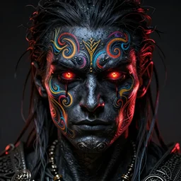 full face tattoo epic portrait, black metal corpsepaint glowing eyes, elden ring, matte painting concept art, midjourney, beautifully backlit, swirly vibrant color lines, fantastically gaudy, cinematic aesthetic octane render, 8 k hd resolution, by ilya kuvshinov and darius zawadzki and zdizslaw beksinski