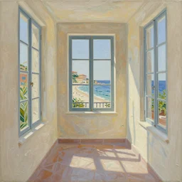 impasto relief painting of a corridor with many windows through which you can see abeautiful italian beach scene, claire tabouret