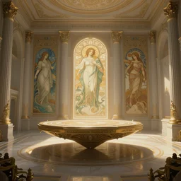 a religious scifi room, focus on a floating platform in the center of the room, symmetrical shot, center framing, elegant, cinematic shot, intricate digital painting artstation concept art smooth sharp focus illustration, art by artgerm and greg rutkowski and alphonse mucha