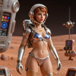 highly detailed closeup, portrait of a tin toy bikini spacegirl in a spaceship on mars, unreal engine, nicoletta ceccoli, mark ryden, earl norem, lostfish, global illumination, detailed and intricate environment