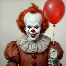 portrait of pennywise the clown from it. demonic cenobite. sharp yellow teeth. holding a red balloon. oil painting by lucian freud. path traced, highly detailed, high quality, j. c. leyendecker, drew struzan tomasz alen kopera, peter mohrbacher, donato giancola