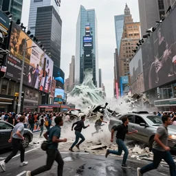 Tsunami destroys Times Square, photorealistic, with a running crowd and tumbling cars