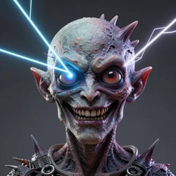 half head missing jason fused with a poltergeist lovecraft smiling space demon, spiky skin, creepy, melting, big eyes, laser beams, photo, portrait, 3 d, high details, intricate details, by vincent di fate, artgerm julie bell beeple, 9 0 s, smooth gradients, volumetric lightning, high contrast, duo tone, depth of field, very coherent symmetrical artwork