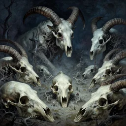 wasteland of morphed mammal skulls, Zdzislaw Beksinski, Wayne Barlowe, Joe Fenton, gothic, cosmic horror, dystopian, biomorphic, lovecraftian, amazing details, cold hue's