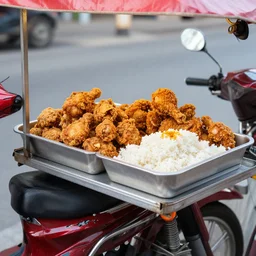 “ selling fried chicken and sticky rice from a motorbike in thailand. ”