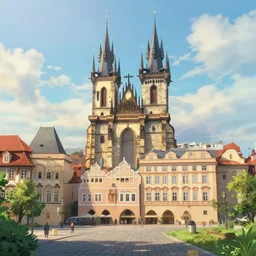 art nouveau prague old town, pixar style, ghibli studio, anime style, 8 k hdr, octane render, unreal engine 5, trending on deviantart, natural lighting, path traced, highly detailed, high quality, godrays, complementary colors, beautiful landscape, cartoon, high coherence, soft lighting, soft colors, digital art, digital painting, matte