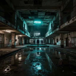 backrooms abandoned mall, ominous neon lighting, moldy walls, shallow water, shadowy tall figures in the distance