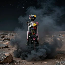 The full body shot of beautiful pale woman with many flowers and full-face black mask inside a thick cloud black smoke in rocky desert landscape, glowing eyes, falling star on the horizon by Christopher Doyle, Gaspar Noe, Alejandro Jodorowsky, anamorphic lens, cinematic composition, award winning photo, 8k