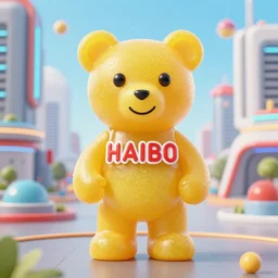 portrait of haribo bear in future city, color and shape focus, cnetral composition,