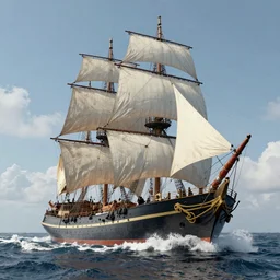 a big sailing ship in heavy sea, hypermaximalistic, high details, cinematic, 8k resolution, beautiful detailed, insanely intricate details, artstation trending, octane render, unreal engine,