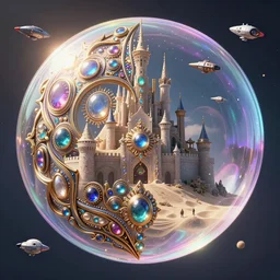 half soap bubble mind, half symetrical highly detailed ornate with jewels and precious metals futuristic, half sandman kingdom, half castle kingdom of dreams, space ships, hiperrealistc, global illumination, radiant light, art by ralph horsley