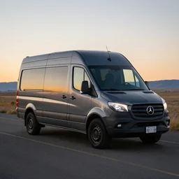 a dark gray sprinter van in central Oregon at sunset