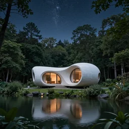 atmospheric cozy futuristic organic white concrete house in the middle of a lush and dense forest at night, a beautiful lake next to it, night time, night sky, starry night sky, by Quint Buchholz