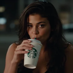a close - up, color cinema film still of kylie jenner drinking coffee at a starbucks, ambient lighting at night, from matrix ( 1 9 9 9 ).