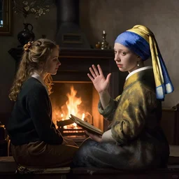 beguiling handsome man sitting on a window sill asking his beautiful young elegant girlfriend to join him so he can read her palm, enchanting, warm cabin, fireplace, night, set in the 8 0 s, artists impression, romantic, cosy, loving, johannes vermeer style