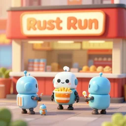 a fast food restaurant named rust runned by cute tiny robots, artstation