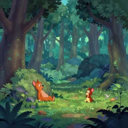 a clearing in a forest in the style of a Disney cartoon