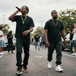 mc ride from death grips performs with kanye west, wide shot, detailed,
