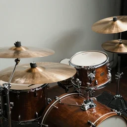 photo of a jazz drum kit, vintage cymbals, 8k