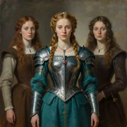 portrait of medieval swedish woman wearing teal power armor with steel overbust corset. intricate painting by ross tran, magali villeneuve, and jeremy mann.