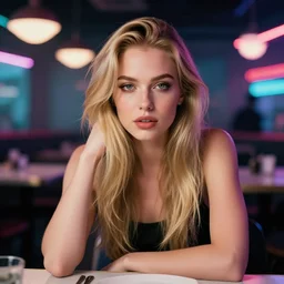 high quality portrait photo of a caucasian female model with detailed face. she has long blonde hair and sit at a table in neon cyberpunk restaurant. kodak portra 8 0 0