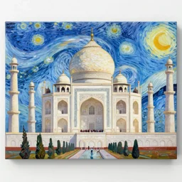 painting of taj mahal by van gogh, style of starry night, vibrant