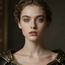 in the style of pedro campos, artgerm, beautiful taissa farmiga, steampunk, elegant pose, middle shot waist up, symmetrical face symmetrical eyes, cinematic lighting, detailed realistic eyes, short neck, insanely detailed and intricate elegant
