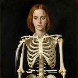A painting of emma watson as a half skeleton by Hieronymus Bosch