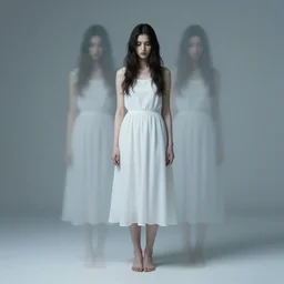 a double exposure of a beautiful full length portrait of a menacing young woman looking down, apparition, ghostly, white dress, with an estate agent photo of a stately home living room, scratched photo, damaged edges, black and white damaged photo