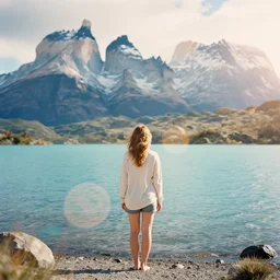 photograph of a woman from the back standing in the lake shore in torres del paine national park by mark owen. pastel colors. kodak portra film!!. whirl bokeh!. mamiya 7. highly detailed. hq. photoreal. golden hour. lens flare. faded film. in - frame.