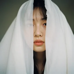 filmstill photography of female face behind with white translucent blanket