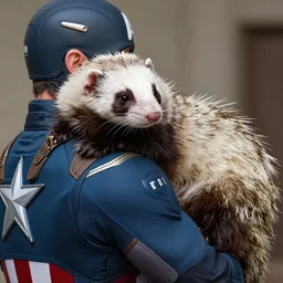 A ferret is cuddling Captain America