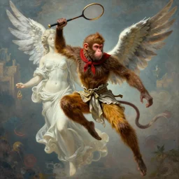 the Monkey King flying with a racket as Nike Goddess portrait, wings, luxuriant, dreamy, eternity, romantic, strong pose, highly detailed,in the style of Franz Xaver Winterhalter, highly detailed,in the style of Aetherpunk