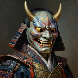 baroque neoclassicist portrait of a cyberpunk retrofuturistic japanese samurai warrior wearing an oni mask. iridescent and reflective textures. highly detailed science fiction painting by norman rockwell, frank frazetta, and syd mead. rich colors, high contrast, gloomy atmosphere. trending on artstation and behance.